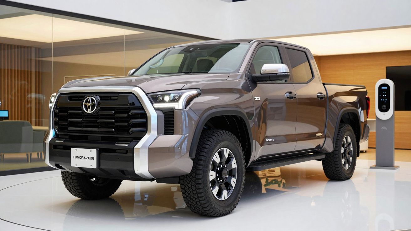 Gray Toyota Tundra 2025 displayed indoors near a charging station, showcasing its modern design and rugged build.