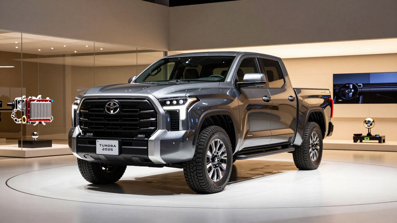 2025 Toyota Tundra pickup truck on display in a well-lit showroom.