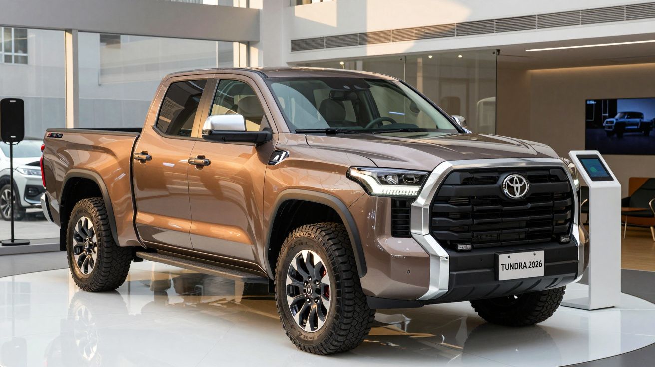 Brown Toyota Tundra 2026 pickup displayed in a modern showroom.