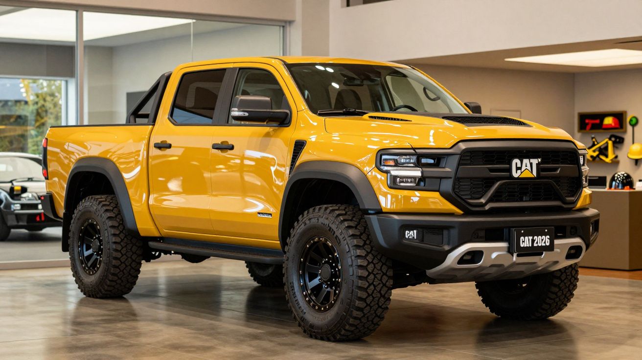 Yellow CAT pickup truck displayed indoors with rugged tires and a modern design.