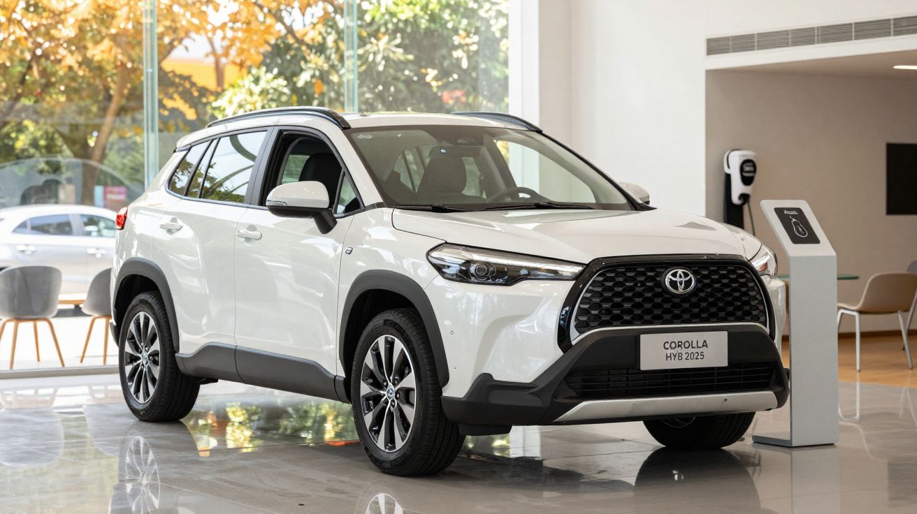 White 2025 Toyota Corolla Hybrid SUV on display in a showroom with large windows and outdoor view.