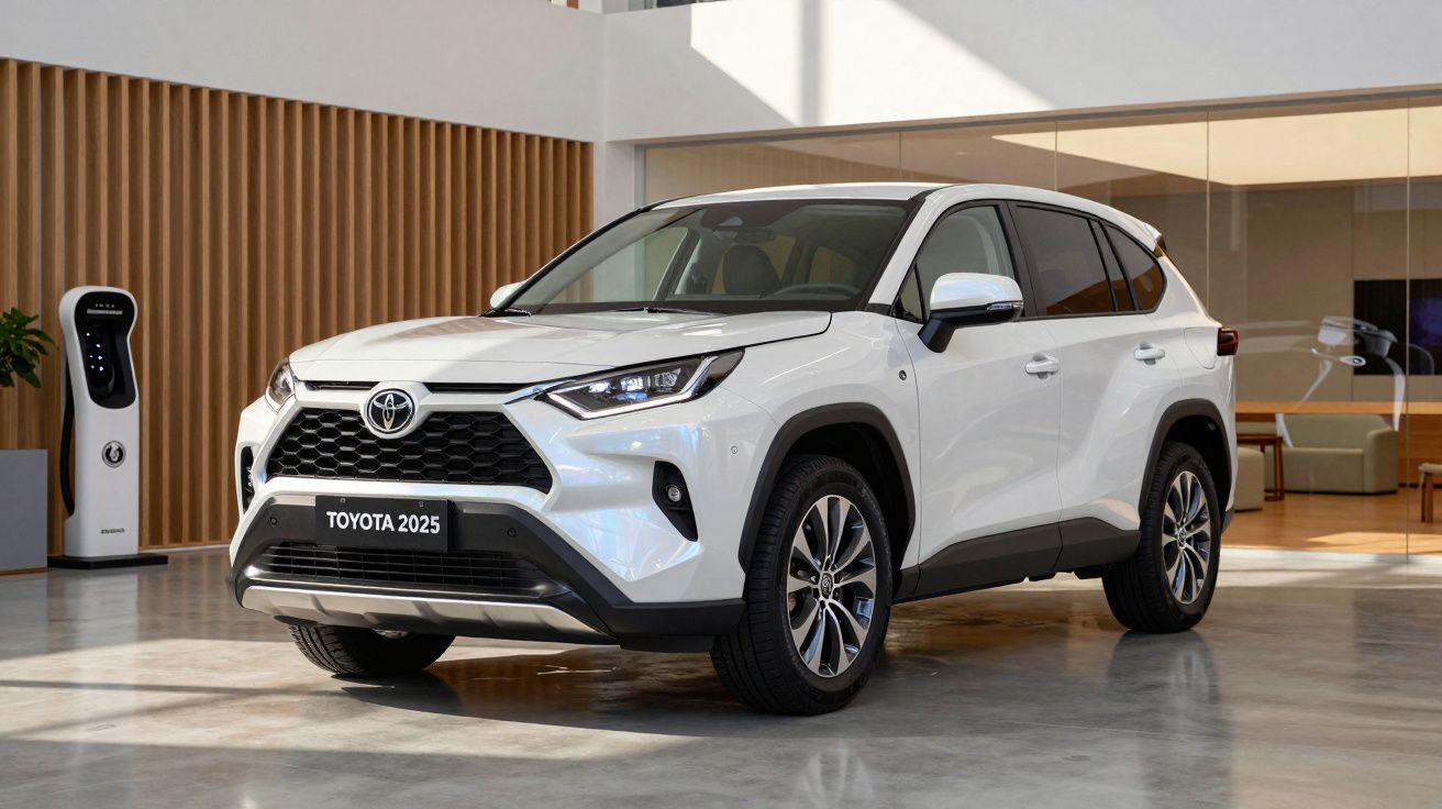 White Toyota SUV parked in a modern showroom with wooden accents and glass walls.