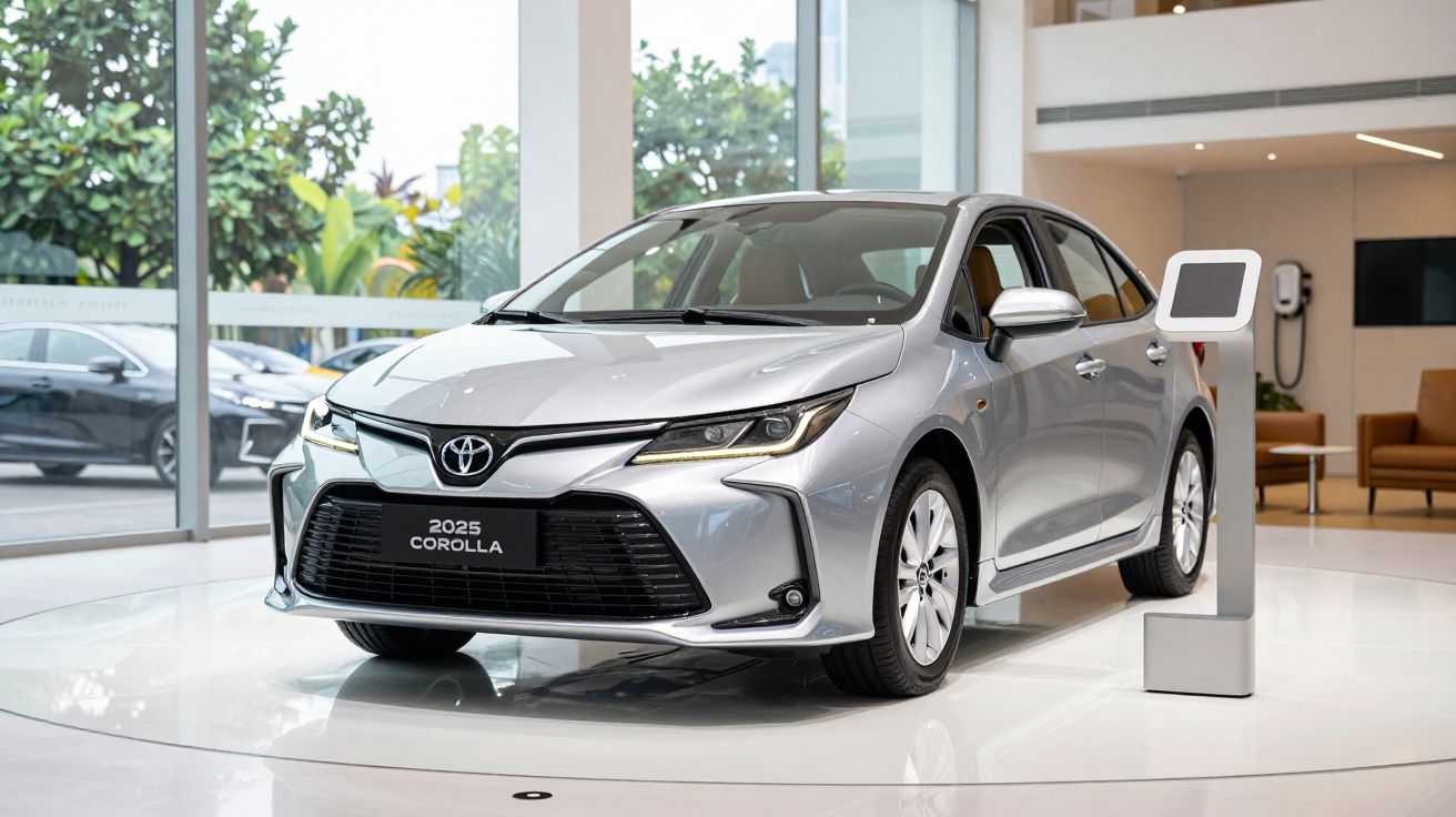 Silver 2025 Toyota Corolla sedan displayed in a modern showroom with large windows and greenery outside.
