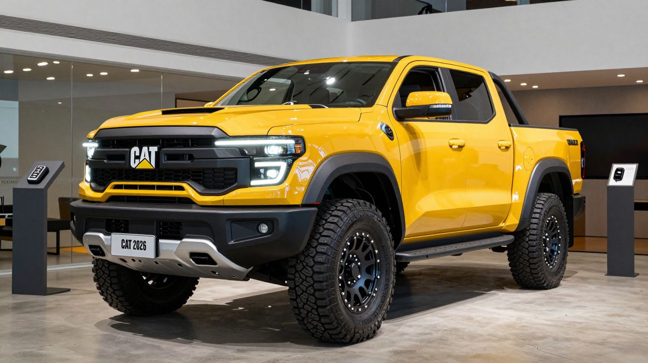 Yellow CAT 2026 pickup truck on display in a showroom with off-road tires and modern design features.