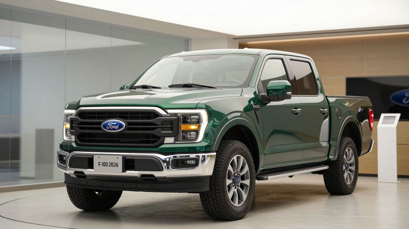 Green Ford F-100 2026 pickup truck shown in a showroom with sleek design and chrome accents.