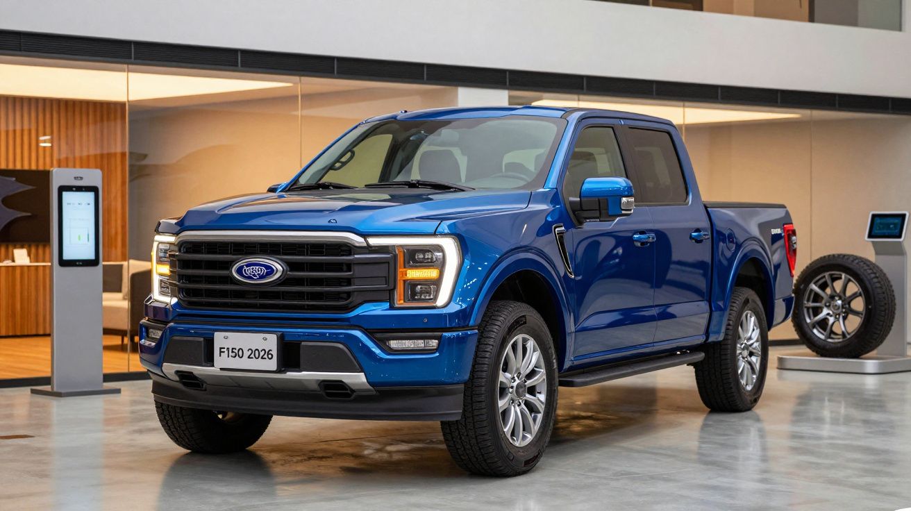 Blue 2026 Ford F-150 pickup truck displayed indoors with modern design features.