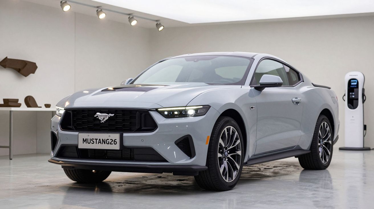 Silver Ford Mustang in a showroom with modern lighting and a charging station in the background.
