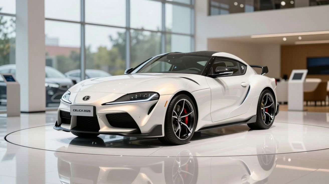 White sports car on display in a modern showroom with large windows and sleek design features.
