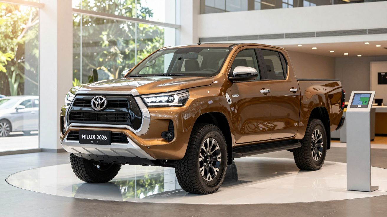 Brown 2026 Toyota Hilux pickup truck on display in a showroom with large windows and a digital kiosk nearby.