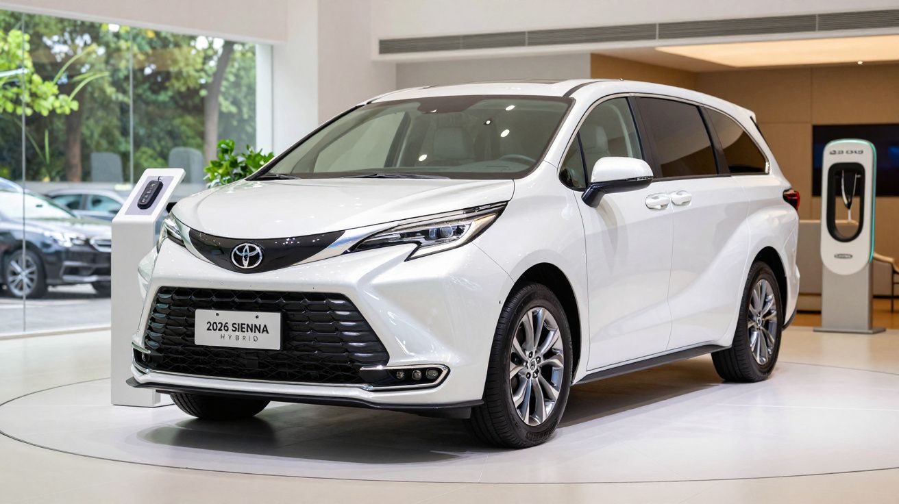 White 2026 Toyota Sienna Hybrid parked indoors near a charging station.