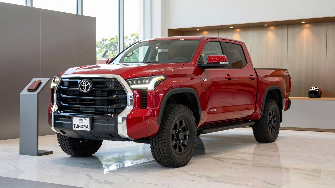 Red Toyota Tundra pickup truck displayed in a modern showroom with large windows and sleek interior decor.