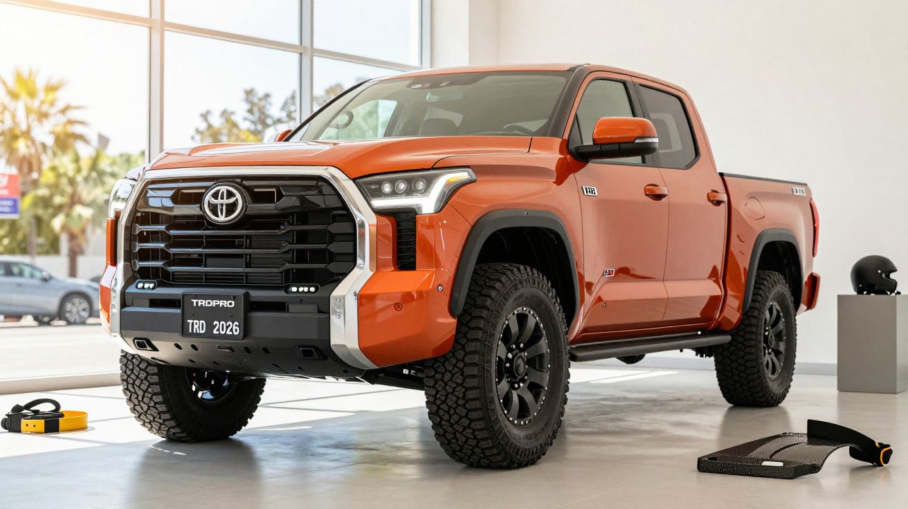 Orange Toyota TRD Pro pickup truck in a showroom with large windows and accessories on the floor nearby.