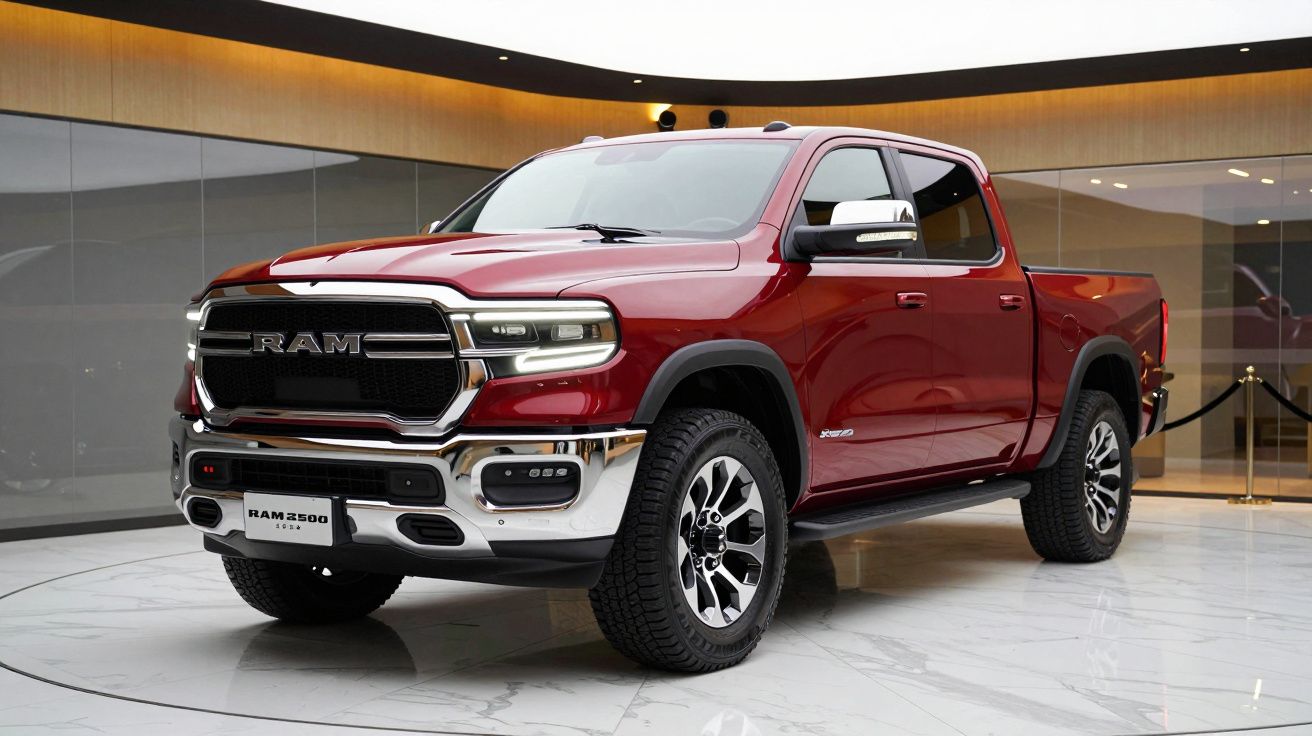 Red RAM 2500 pickup truck displayed in a modern showroom with a sleek, glossy finish and stylish alloy wheels.
