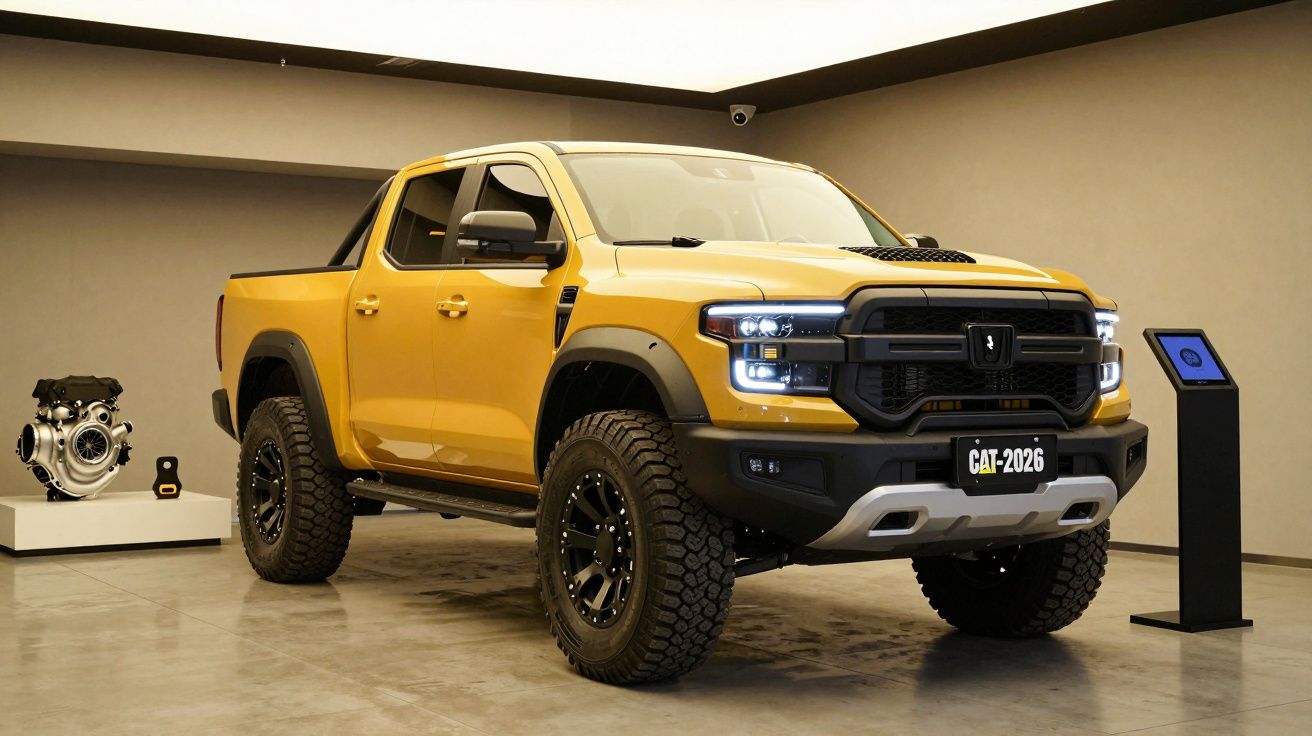 Yellow pickup truck displayed in a showroom with "CAT-2026" license plate, large tires, and nearby engine exhibit.