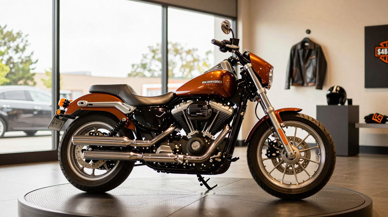 Orange motorcycle displayed indoors with leather jacket and helmet in the background.