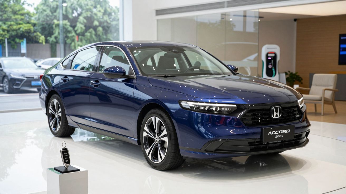 Blue 2023 Honda Accord sedan on display in a showroom, with a key fob on a stand nearby.