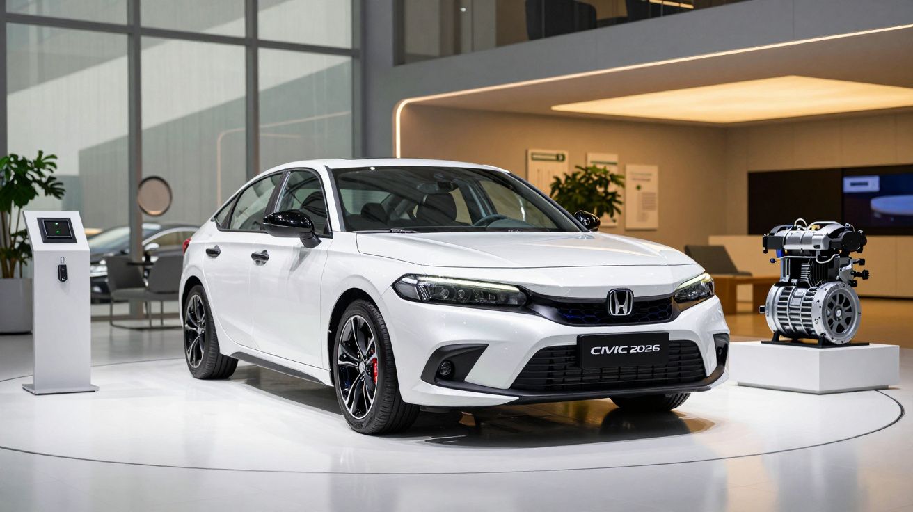 White 2026 Honda Civic displayed in a modern showroom with engine model on a pedestal.
