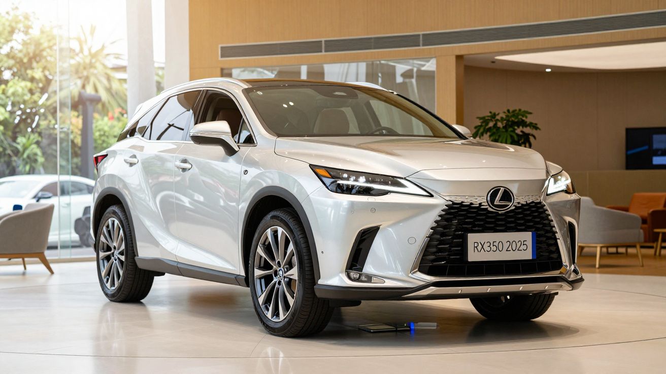 2025 Lexus RX 350 SUV in a showroom with modern decor and plants in the background.