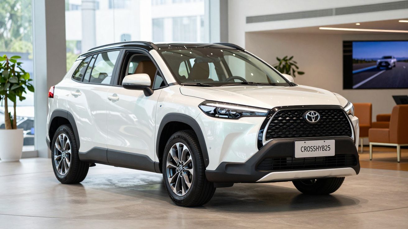 White SUV displayed in a modern showroom with large windows and lounge area in the background.