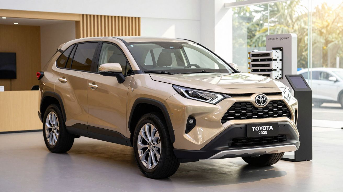 Tan 2025 Toyota SUV displayed in a showroom with modern interior and large windows.