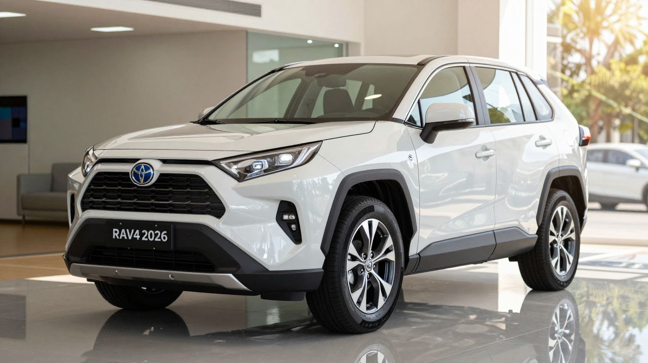 White Toyota RAV4 2026 SUV displayed in a showroom with a modern interior setting.