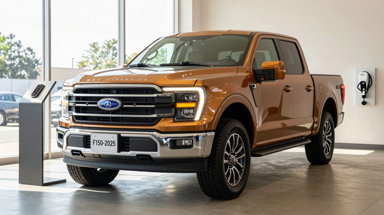 Bronze Ford F-150 truck displayed in a showroom with large windows and a charging station nearby.
