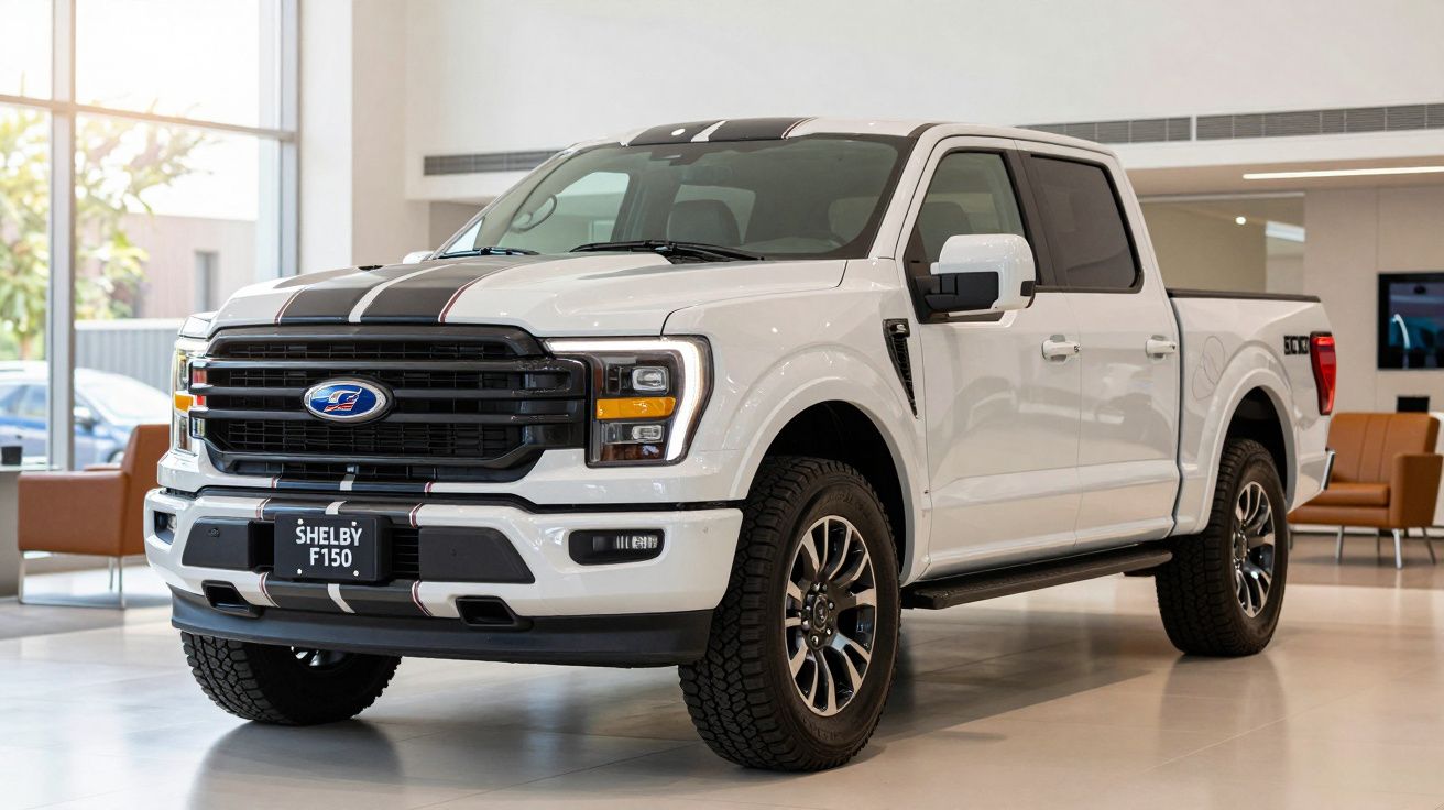 White Ford Shelby F-150 truck with black stripes displayed in a modern showroom.
