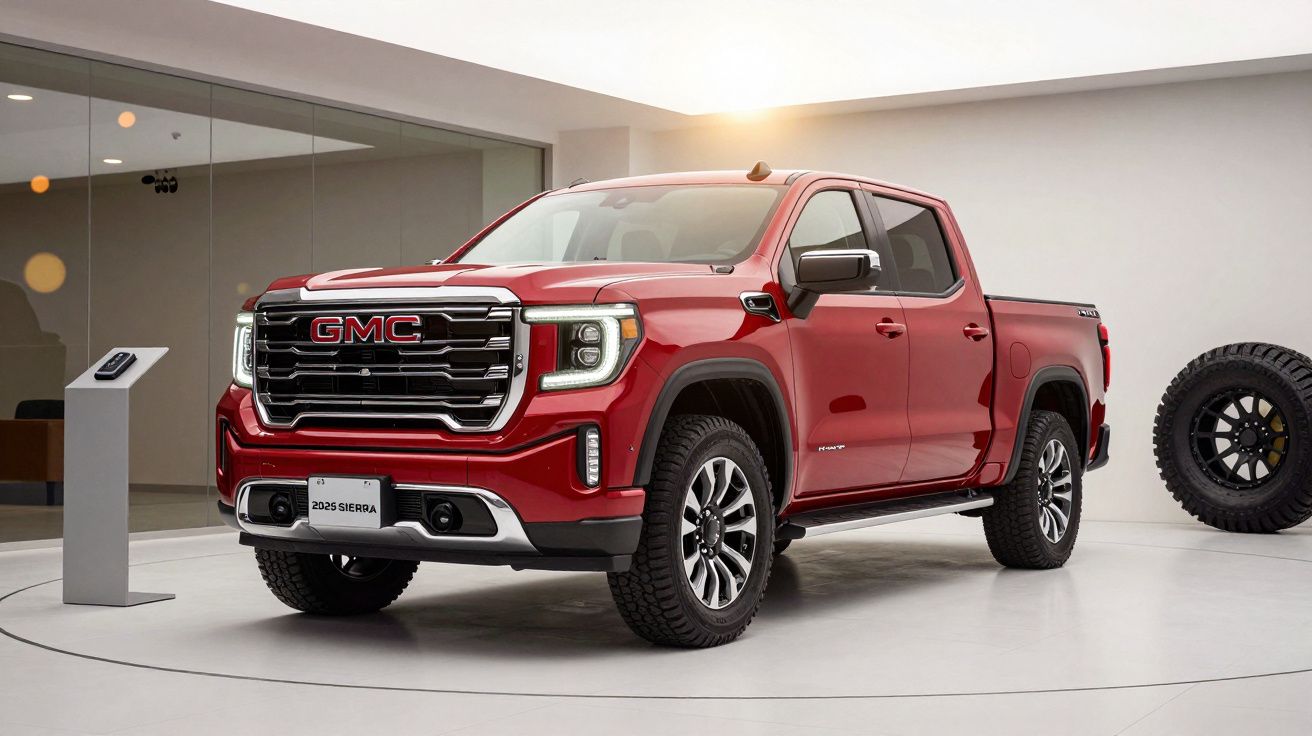 Red 2023 GMC Sierra pickup truck displayed in a showroom with modern interior design.