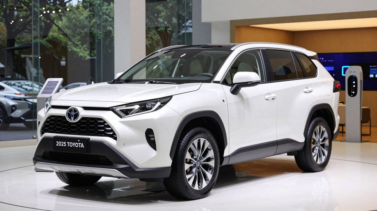 2025 white Toyota SUV displayed in a modern showroom.