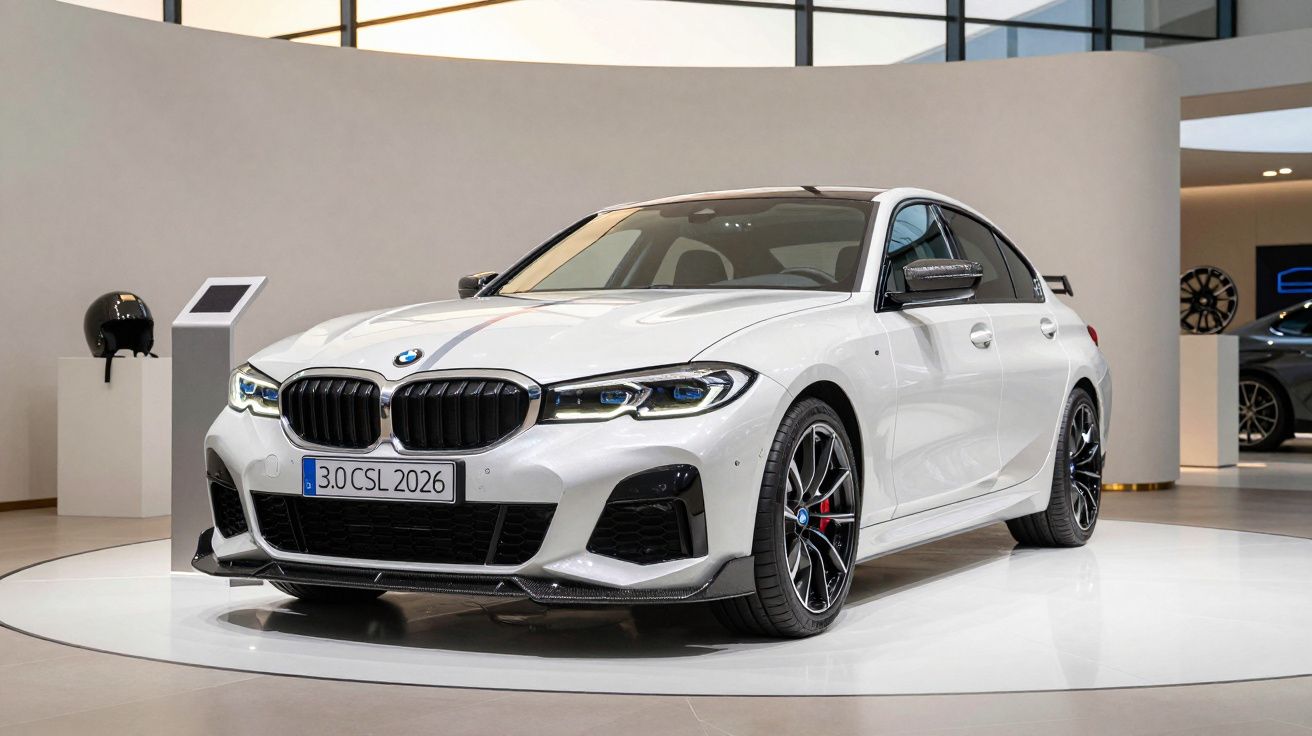 White BMW sedan displayed in a modern showroom with dark alloy wheels and a "3.0 CSL 2026" license plate.