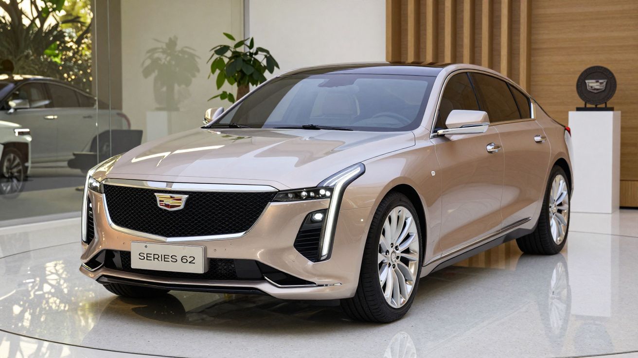 Sleek beige luxury car in a showroom with modern design and large windows.