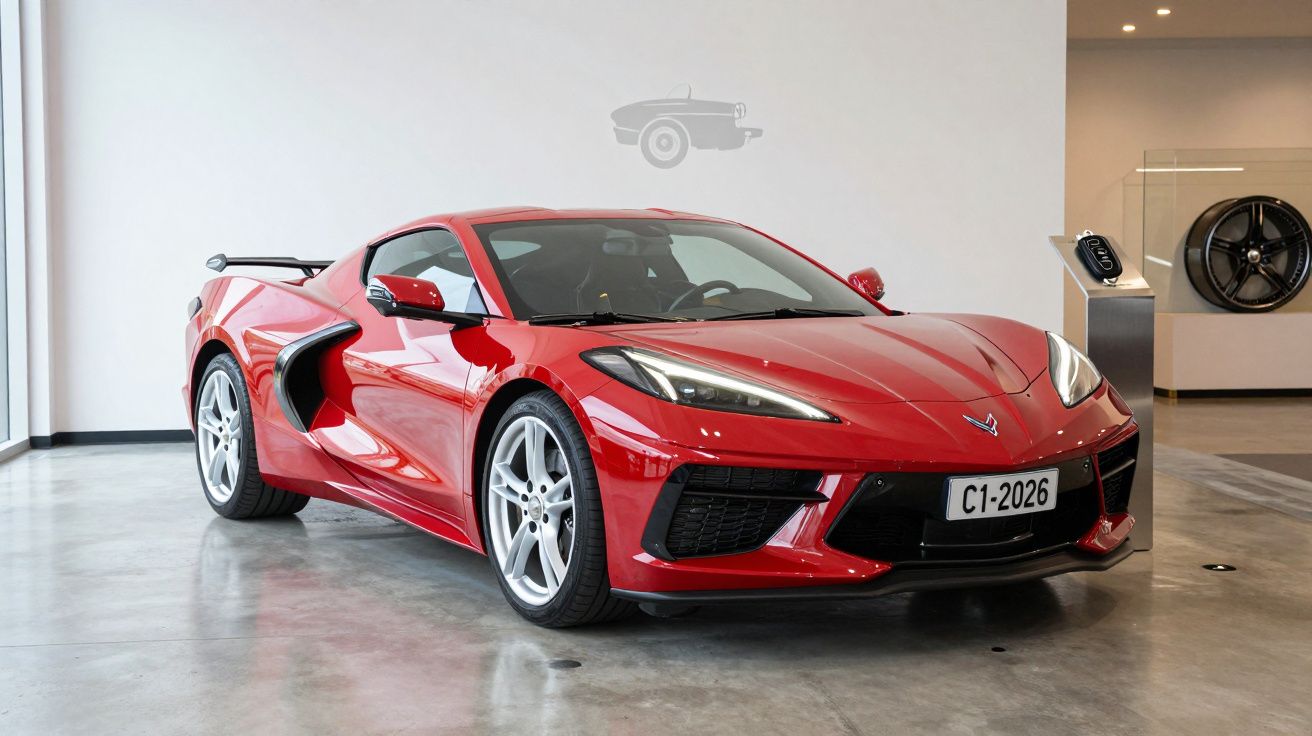 Red sports car displayed in a modern showroom with sleek design and silver wheels.