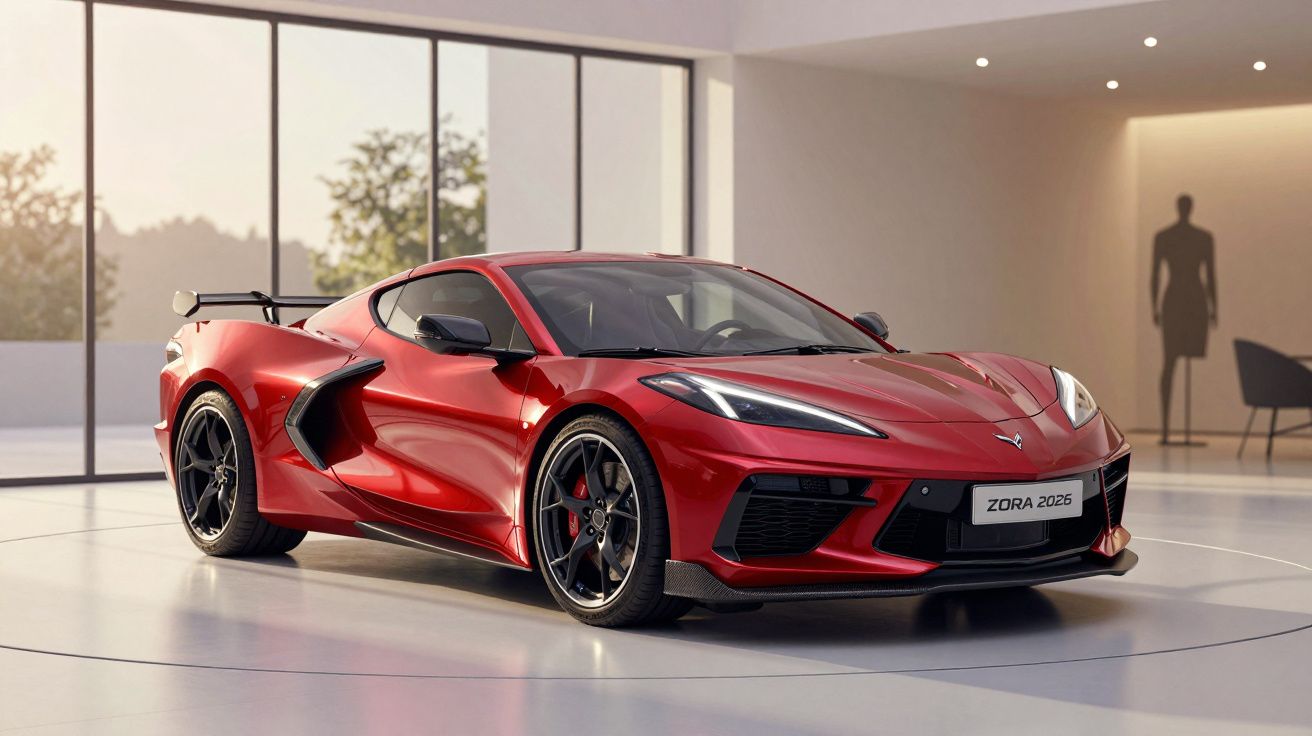 Red sports car in a modern showroom, side view with reflections on the floor, large windows in the background.