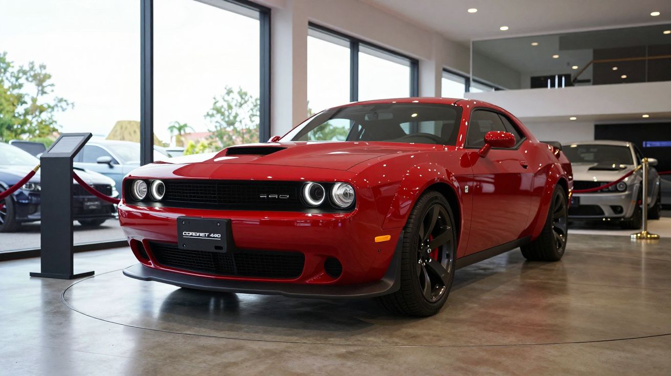 Red sports car displayed in a showroom with large windows and other cars in the background.
