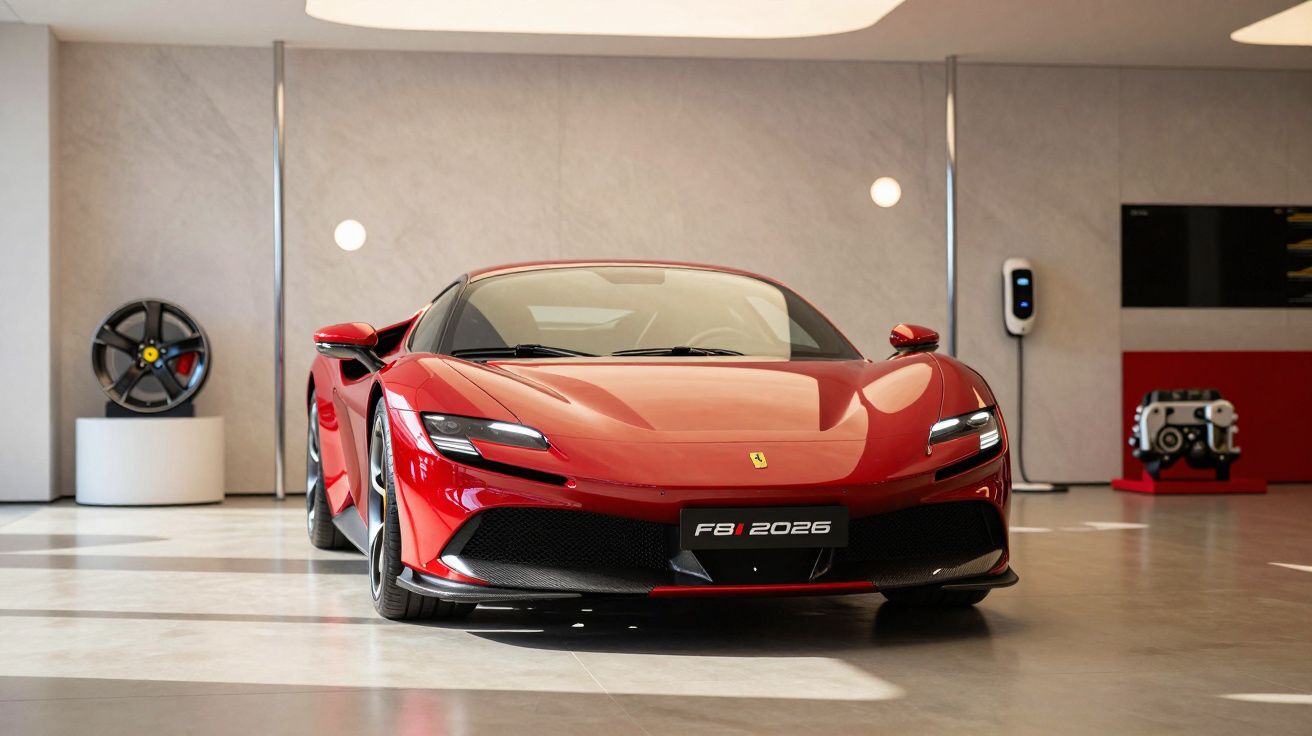Red Ferrari sports car in a showroom, front view, with modern interior background and car engine display.