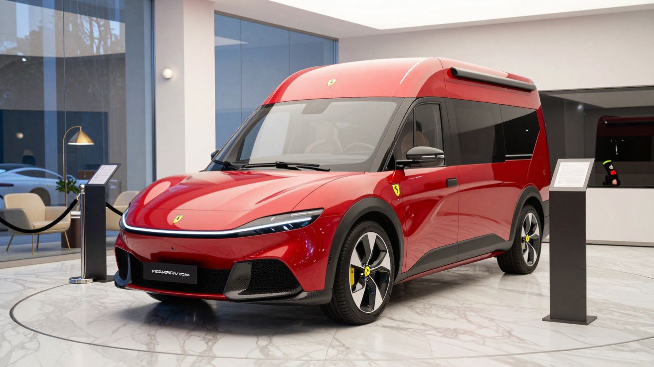 Red futuristic minivan on display in a modern showroom with elegant interior decor and floor lighting.
