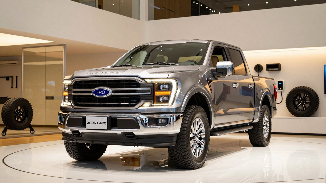 Silver 2026 Ford F-150 pickup truck on display in a modern showroom.