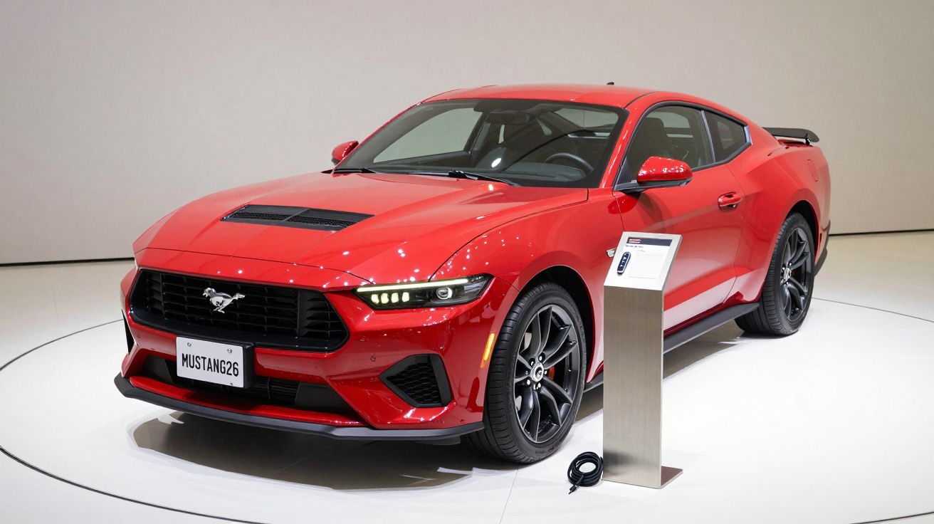 Red sports car on display with a sleek design and modern features, shown on a turntable at an auto show.