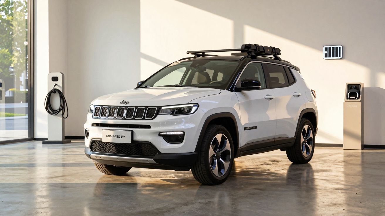 White Jeep Compass EV parked indoors with a charging station and sunlight streaming through large windows.