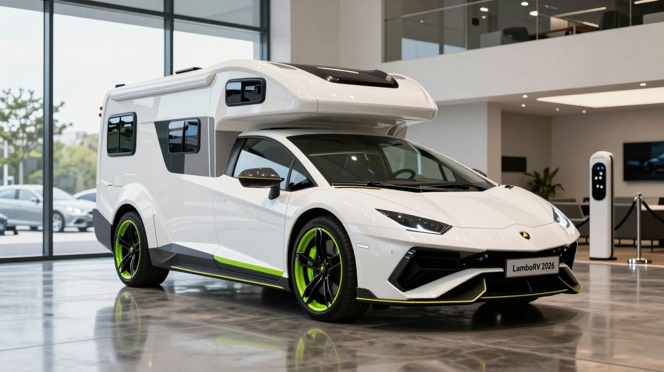 White Lamborghini sports car with an integrated camper parked indoors, featuring green-accented wheels and trim.