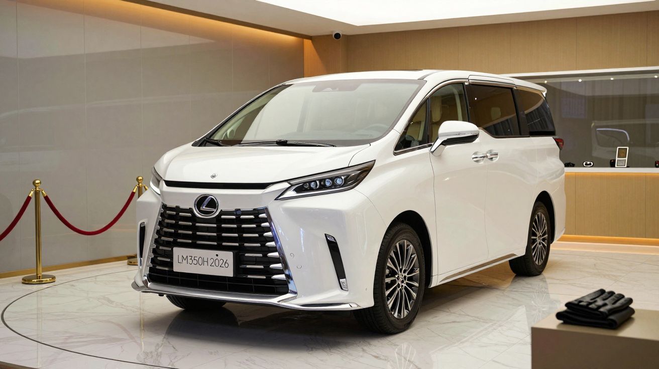 White luxury minivan displayed indoors, featuring a sleek design and modern grille.