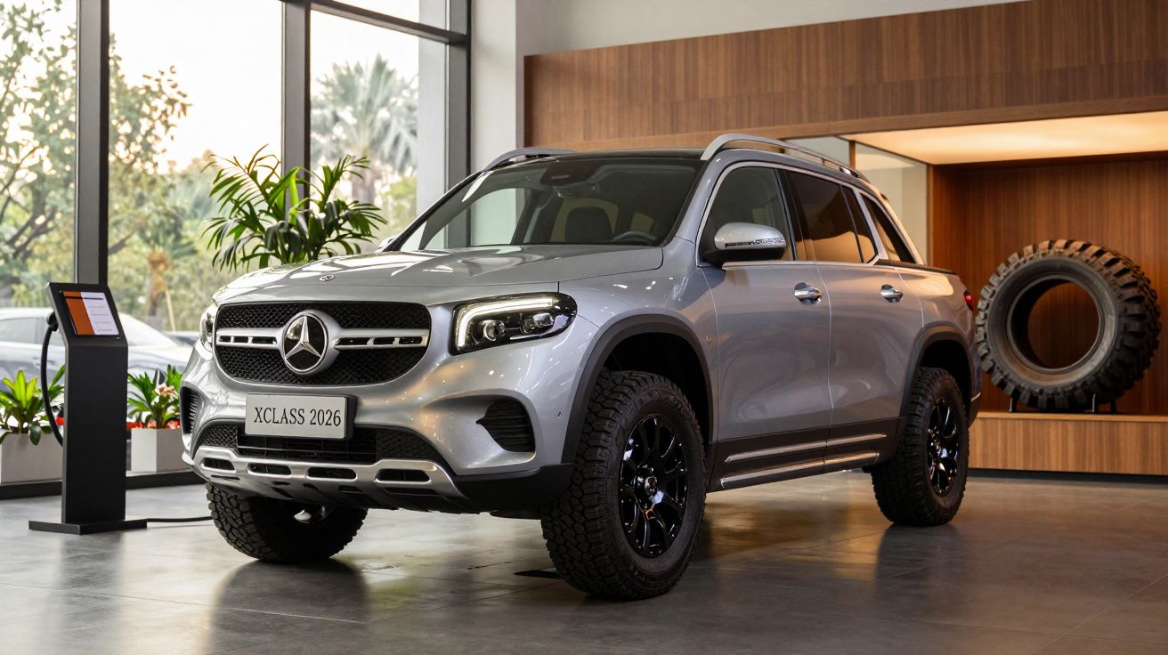 Silver Mercedes-Benz XCLASS 2026 SUV displayed in a modern showroom, with large windows and plant accents.
