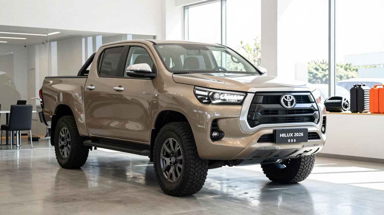 2026 beige Toyota Hilux pickup truck displayed in a showroom with large tires and modern styling.