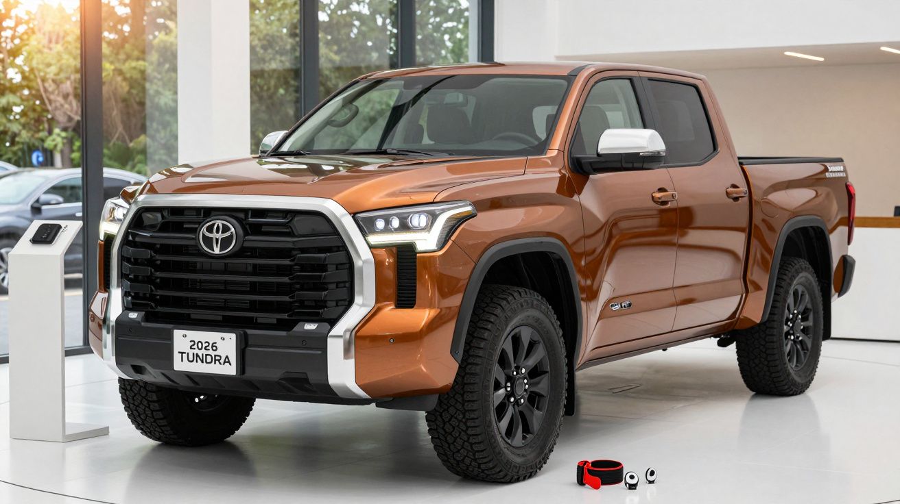 2026 Toyota Tundra in metallic copper, parked indoors with a modern design and black wheels.