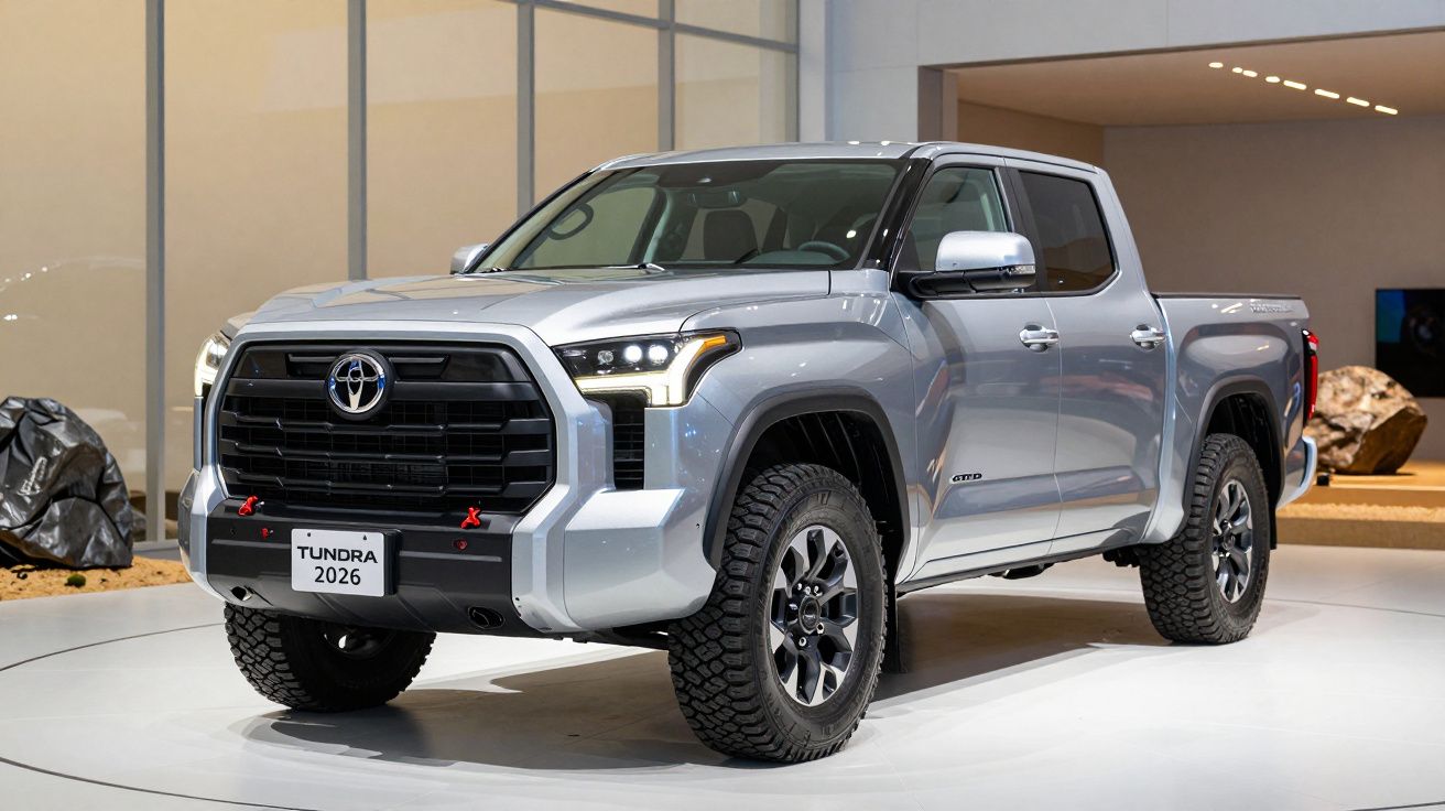 Silver Toyota Tundra 2026 truck on display in a showroom with a modern, rugged design.