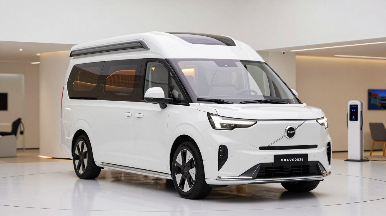 White electric van in a modern showroom with charging station visible in the background.