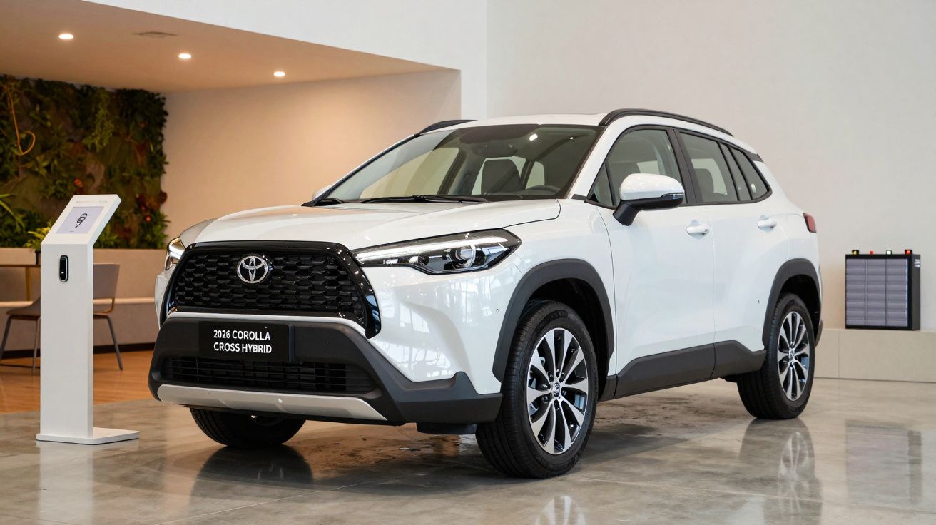 White 2024 Corolla Cross Hybrid SUV on display in a showroom.