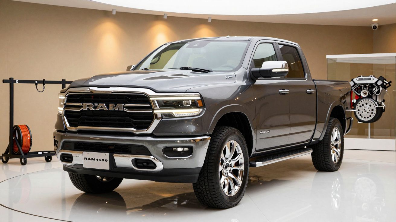 Gray RAM 1500 pickup truck displayed indoors with an engine model in the background.