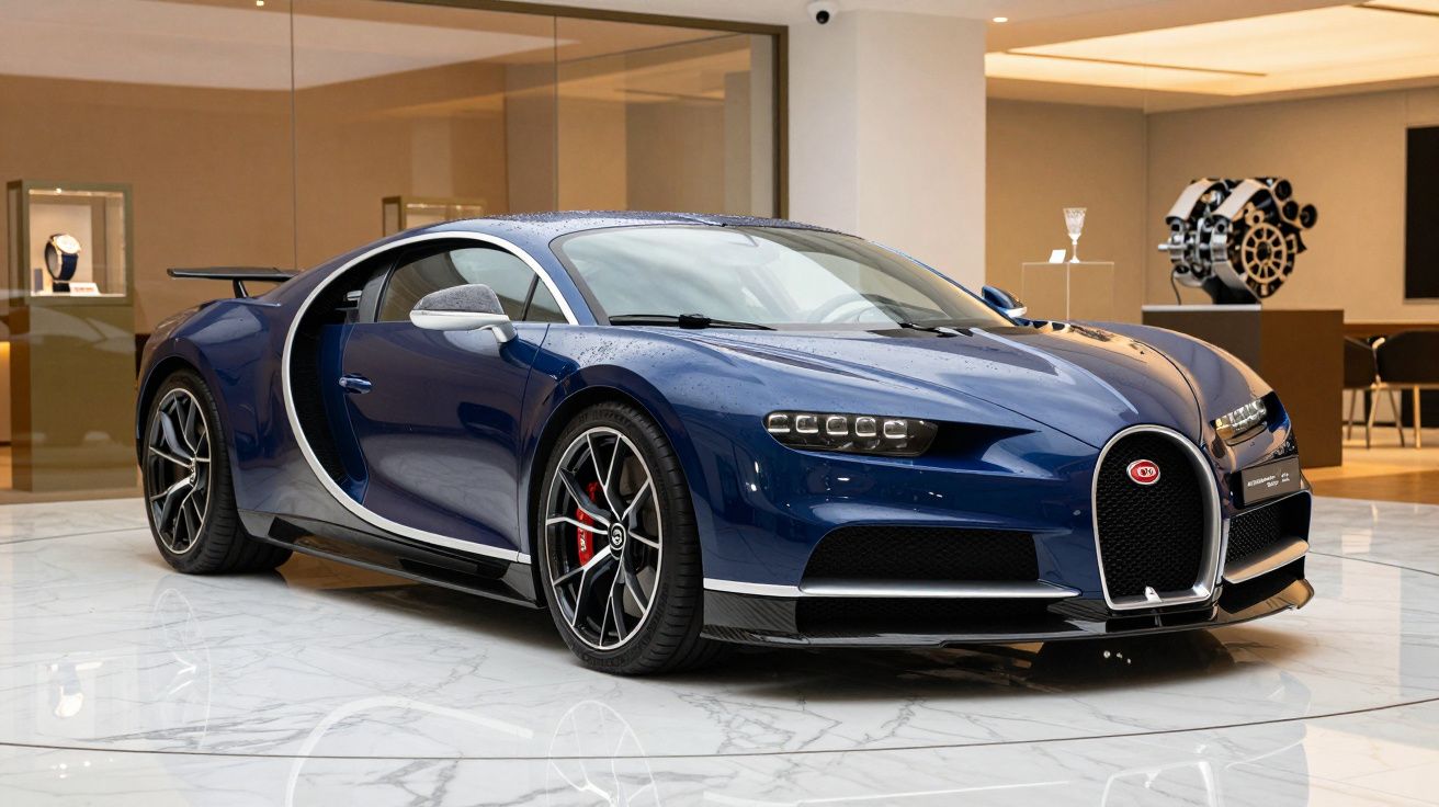 Blue luxury sports car showcased in a showroom with marble floors and modern decor.