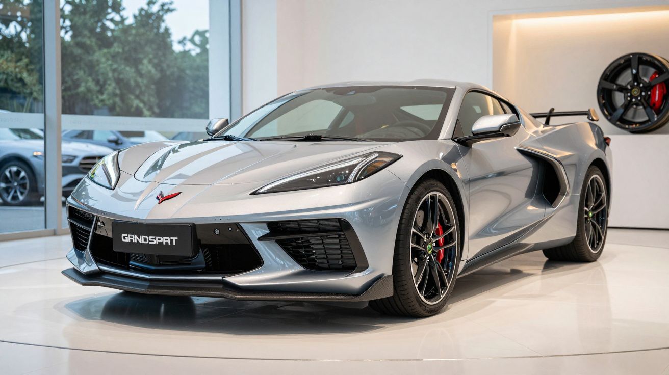 Silver sports car on display in a showroom with large windows and sleek design.